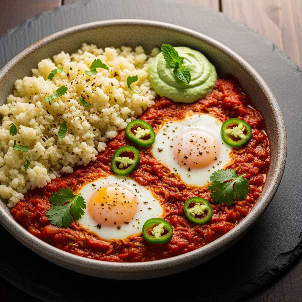 Keto Indian Brunch: Spicy Shakshuka with Cauliflower Rice and Mint Chutney