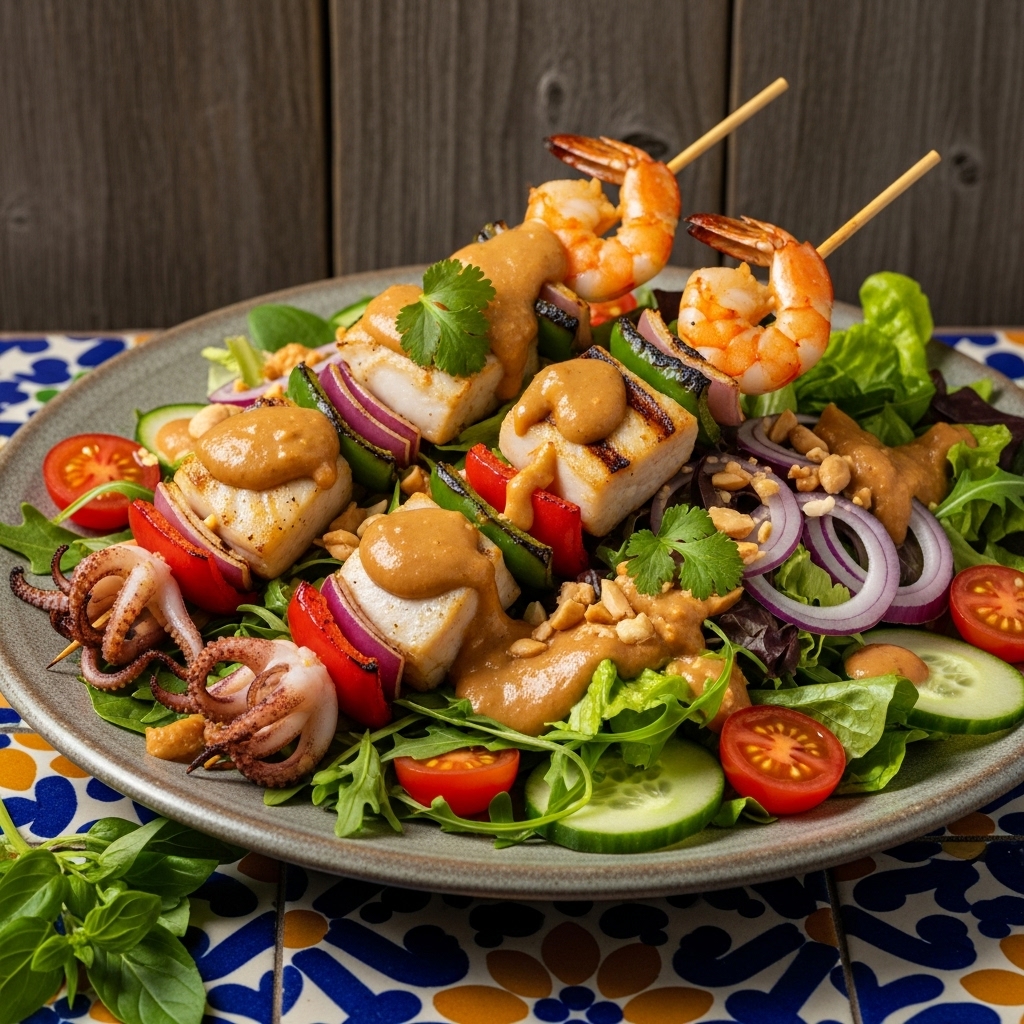 Keto Indonesian Seafood Satay Salad with Peanut Sauce