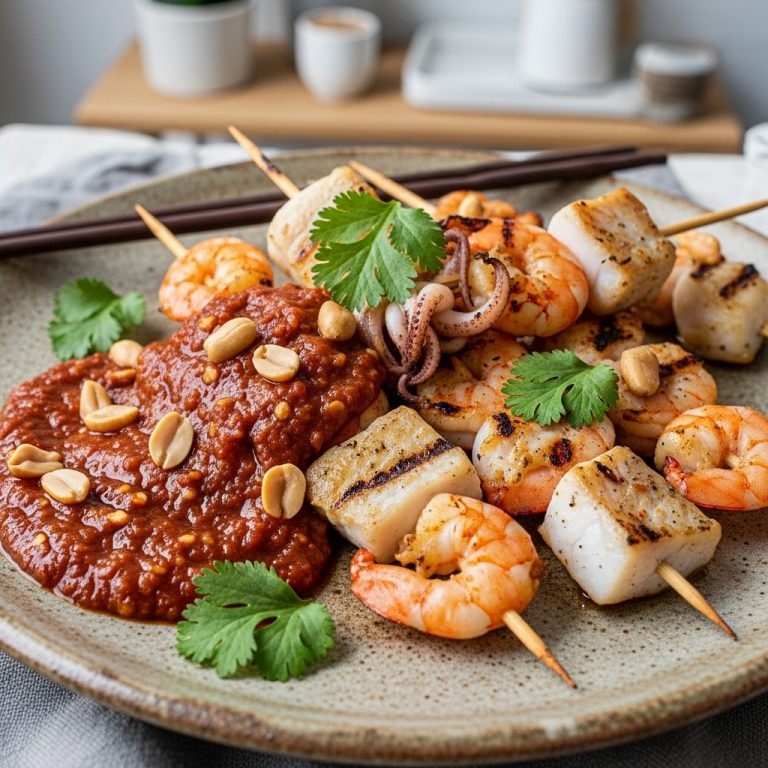Keto Indonesian Seafood Satay with Spicy Peanut Sauce