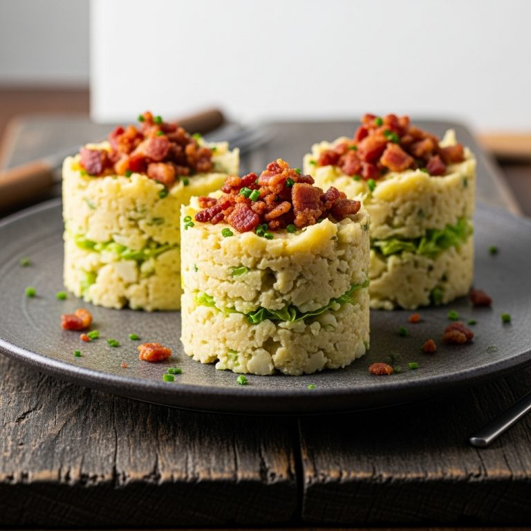 “Keto Irish Colcannon Potato and Cabbage Mash Stacks with Bacon Crumbles”