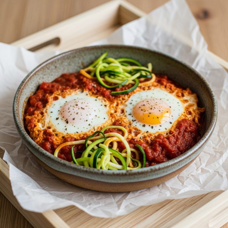 Keto Israeli Brunch Shakshuka Bowl – Eggs Poached in Spicy Tomato Sauce with Zucchini Noodles