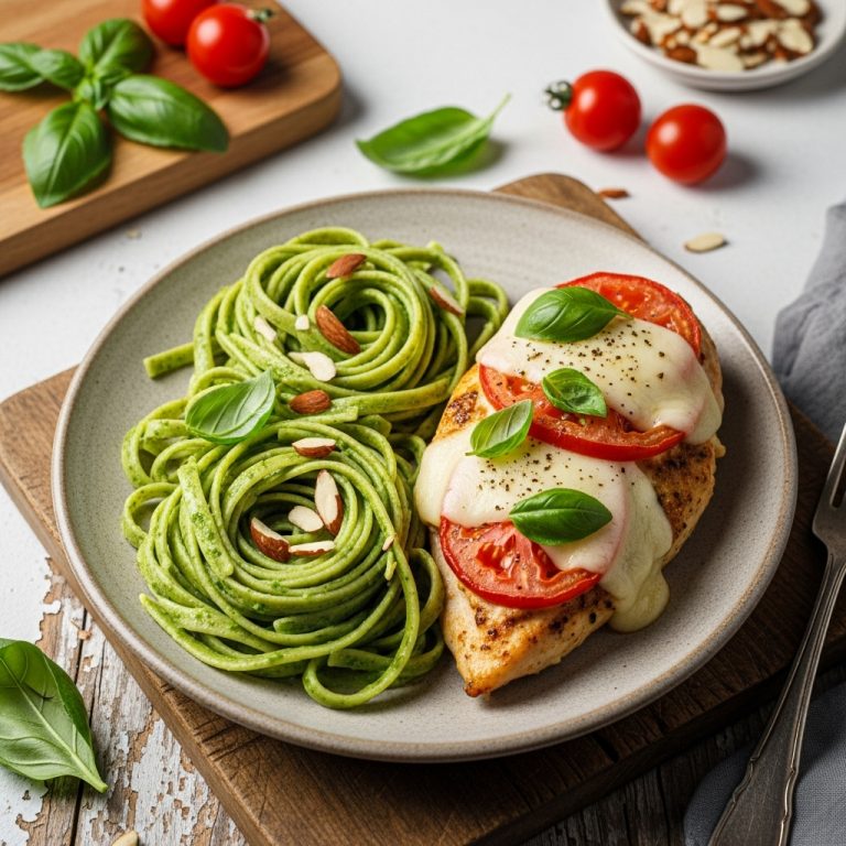 “Keto Italian Lunch: Delicious Low-Carb Caprese Stuffed Chicken with Spinach Almond Fettuccine”