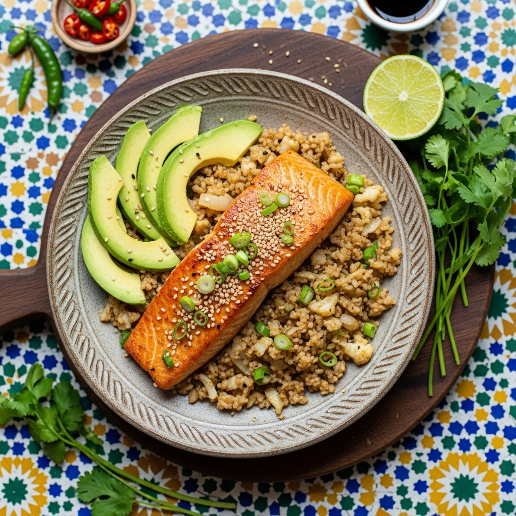 Keto Japanese Brunch: Miso-Marinated Salmon with Cauliflower Fried Rice and Avocado Slices