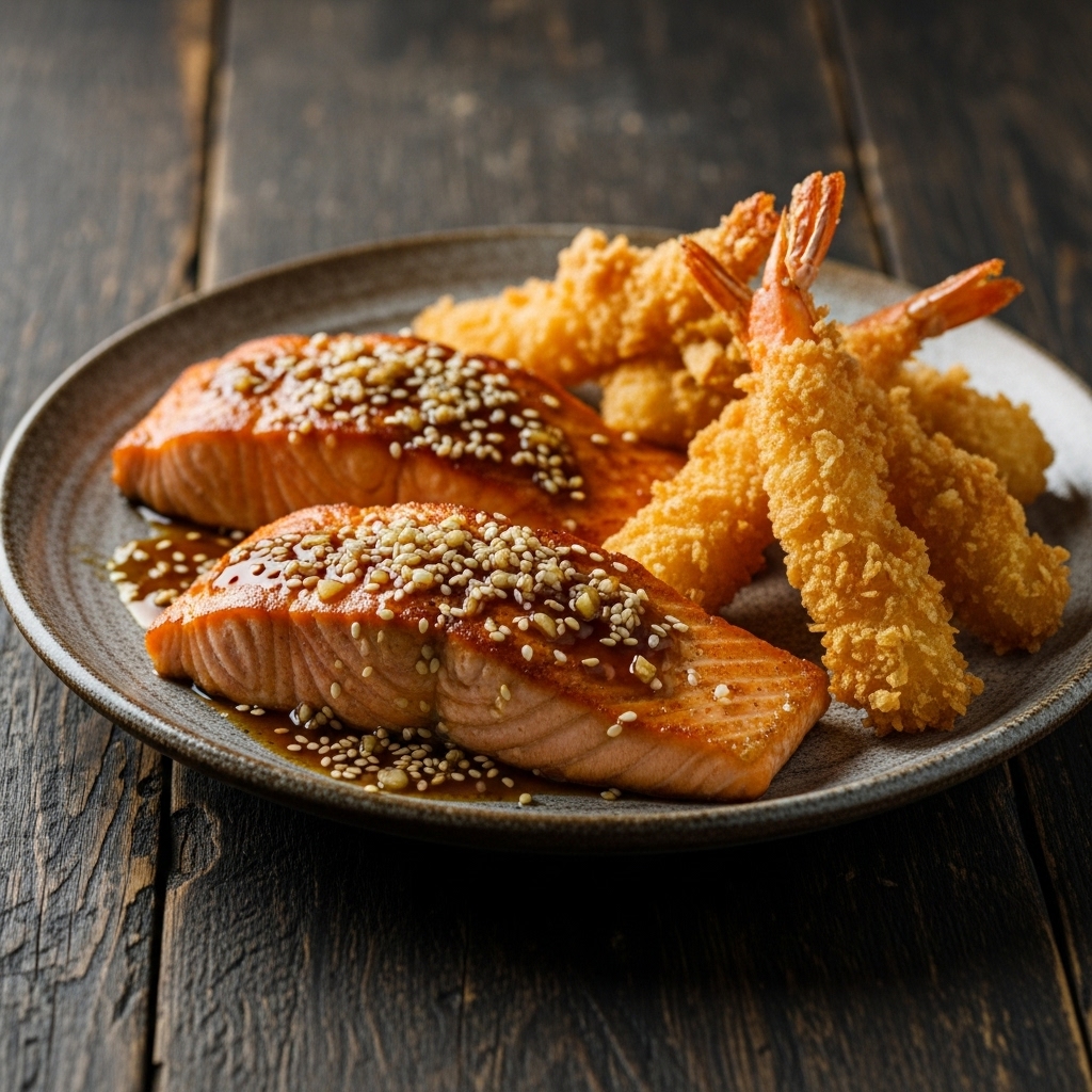 Keto Japanese Seafood Feast: Succulent Seared Salmon & Delectable Shrimp Tempura with Sesame-Garlic Sauce