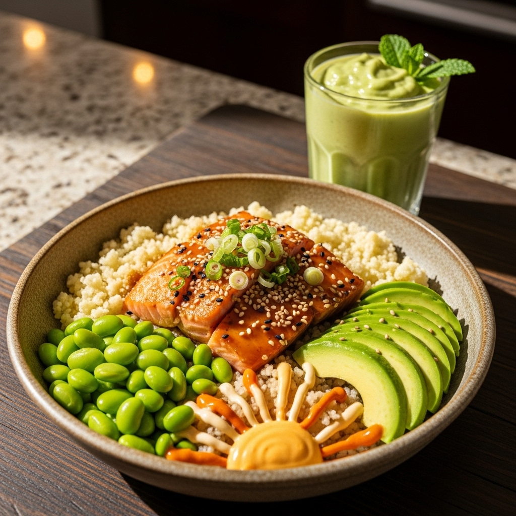 Keto Japanese Kani Sukiyaki Rice Bowl with Wilted Spinach & Avocado