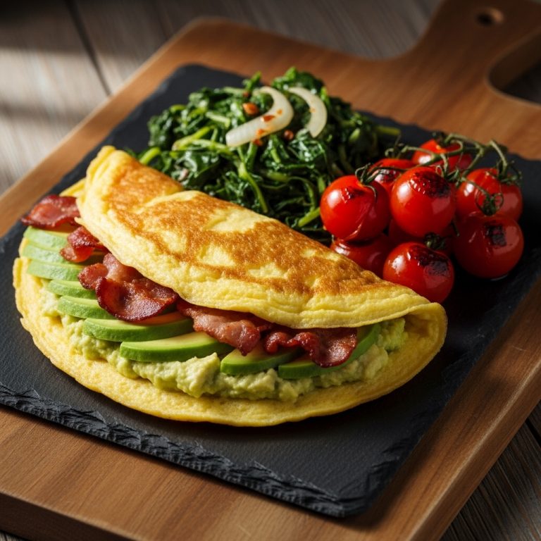 Keto Kenyan Brunch: Avocado & Bacon Stuffed Omelette with Sukuma Wiki and Roasted Tomatoes