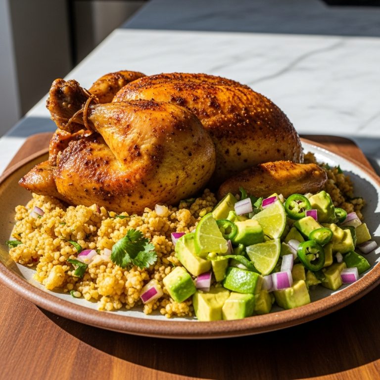 Keto Kenyan Roast Chicken with Spiced Cauliflower Rice and Avocado Salsa