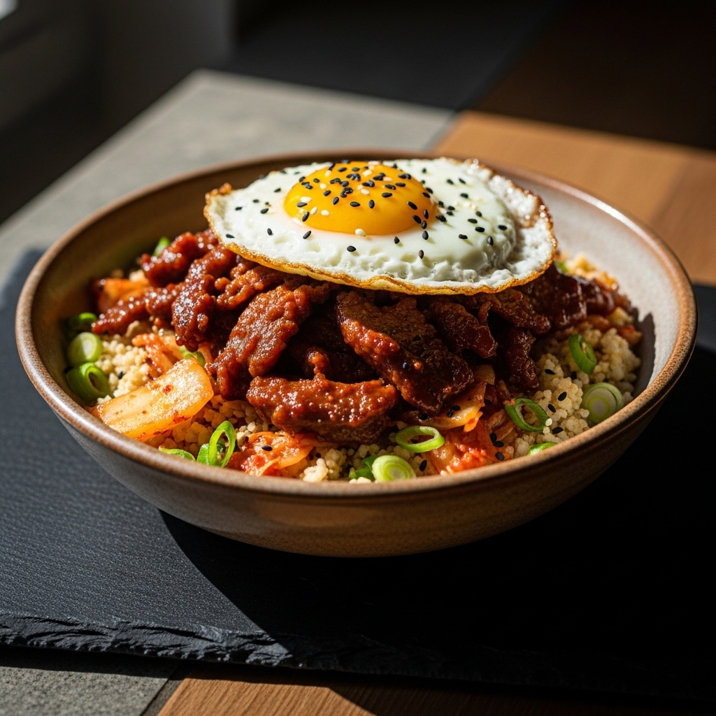 Keto Korean Breakfast: Kimchi Fried Rice Bowl with Spicy Bulgogi