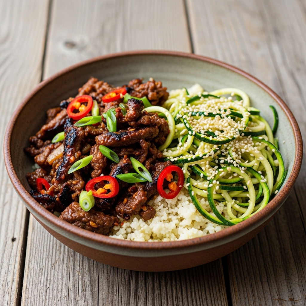 Keto Korean Lunch Bowl: Spicy Bulgogi & Cauliflower Rice with Sesame Zucchini Noodles