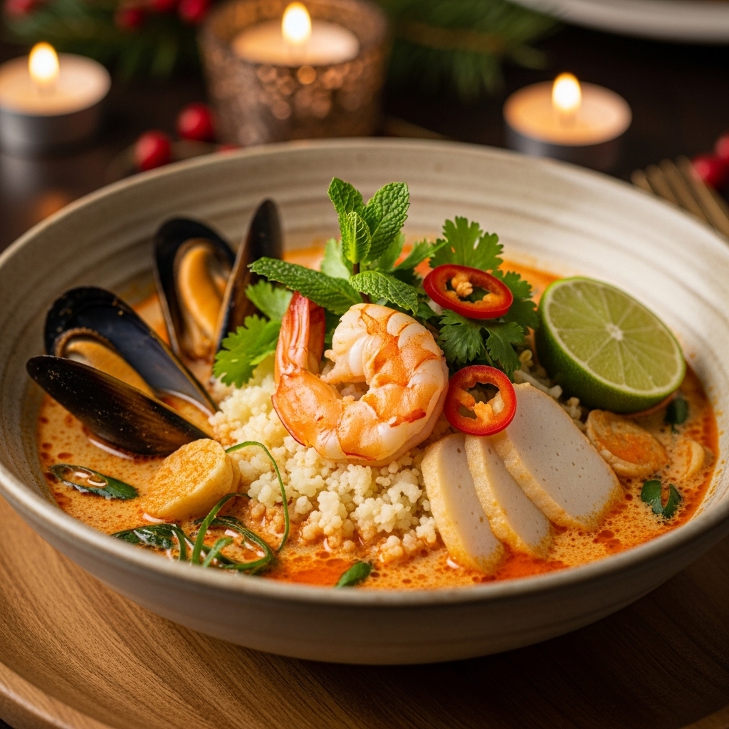 “Keto Malaysian Seafood Laksa with Cauliflower Rice – A Cinematic Experience”
