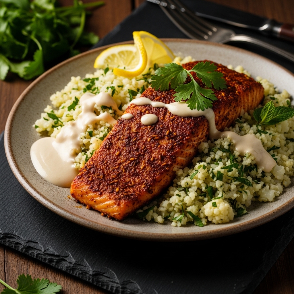 Keto Middle Eastern Dinner: Vibrant Spice Salmon with Cauliflower Rice & Lemon Tahini Sauce