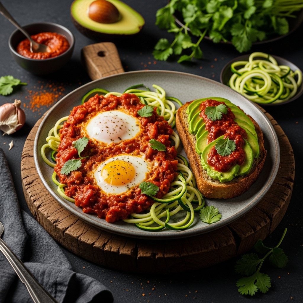 Keto Moroccan Brunch Shakshuka with Zucchini Noodles & Harissa Avocado Toast