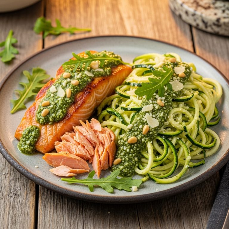 Keto New Zealand Lunch: Succulent Grilled Salmon with Creamy Zucchini Noodles and Arugula Pesto