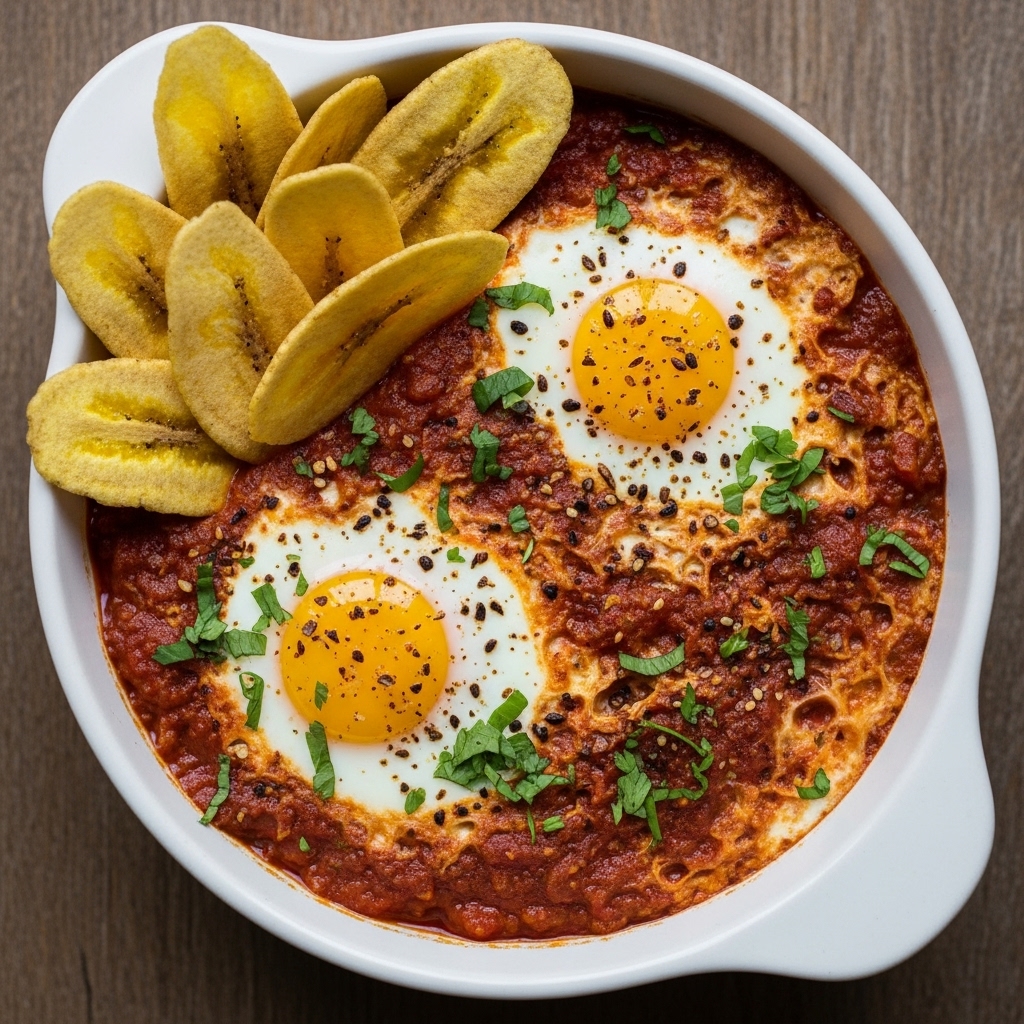 Keto Nigerian Brunch: Shakshuka-Inspired Eggs with Plantain Chips and Spicy Suya Seasoning