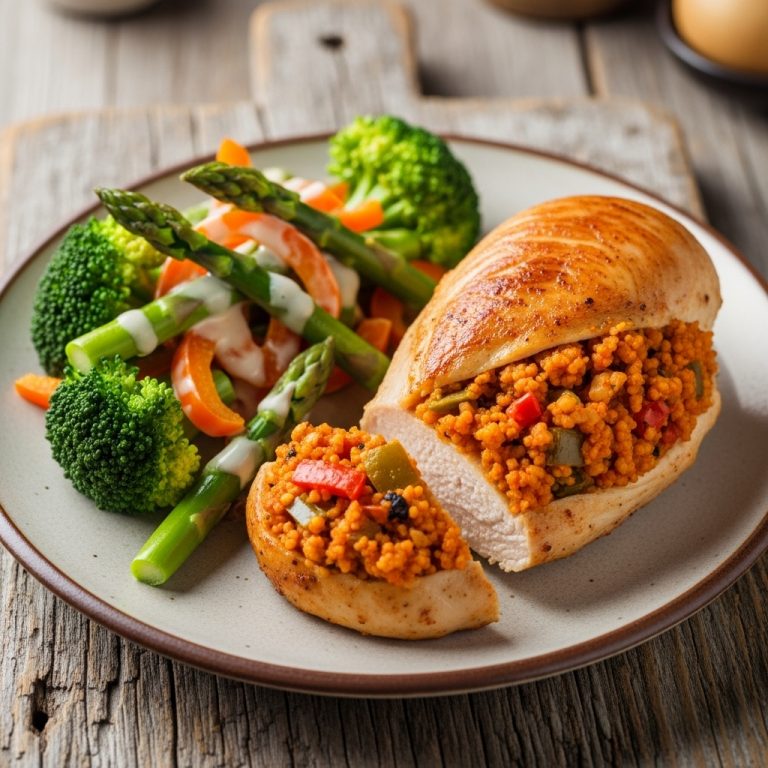 Keto Nigerian Jollof-Stuffed Chicken Breast with Creamy Vegetable Medley