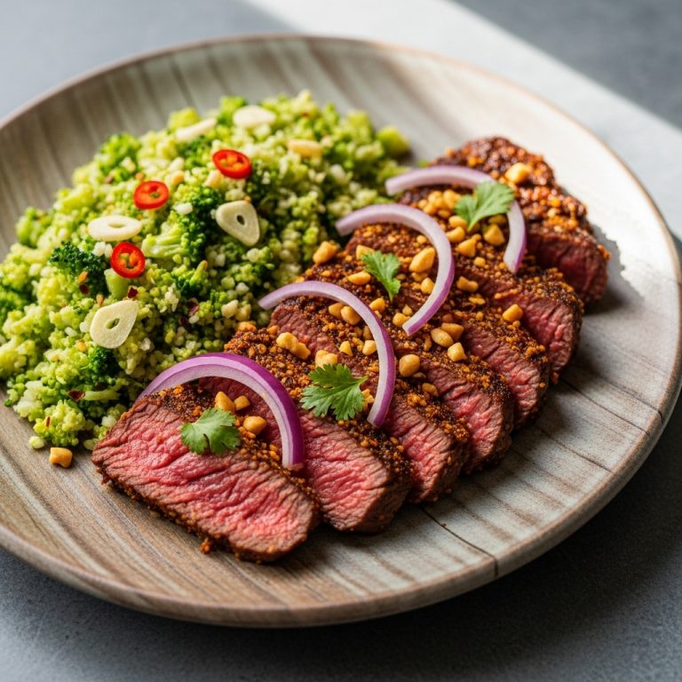“Keto Nigerian Suya Steak with Garlic Broccoli Rice”