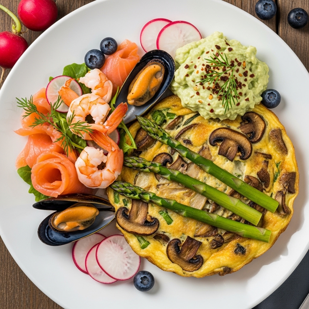 Keto Nordic Breakfast Delight: Seafood Medley, Mushroom Asparagus Frittata & Creamy Avocado Spread
