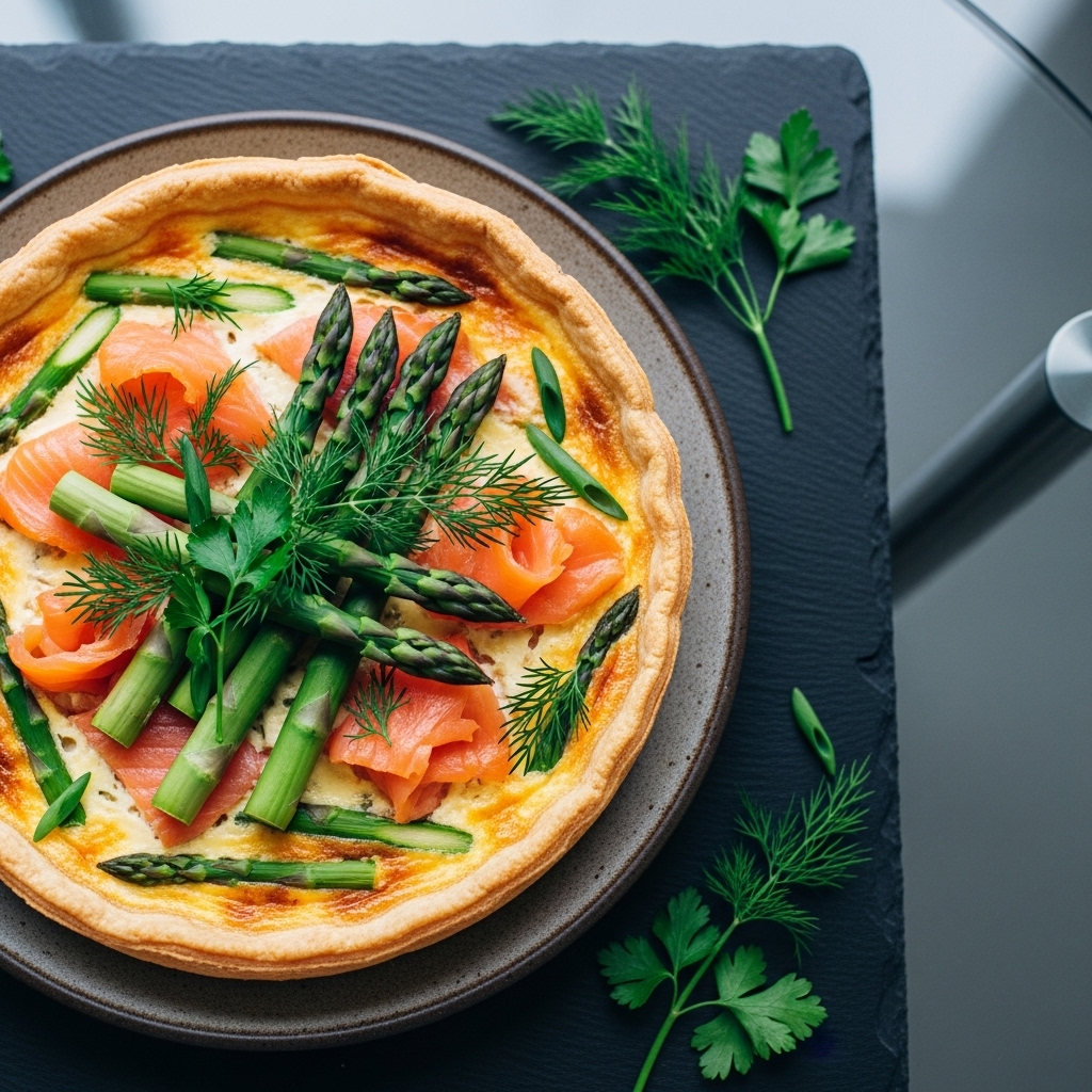 Keto Nordic Brunch Delight: Luscious Smoked Salmon Quiche with Asparagus and Dill