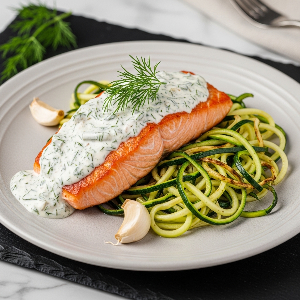 Keto Nordic Salmon Medallions with Creamy Dill Sauce & Roasted Garlic Zucchini Noodles