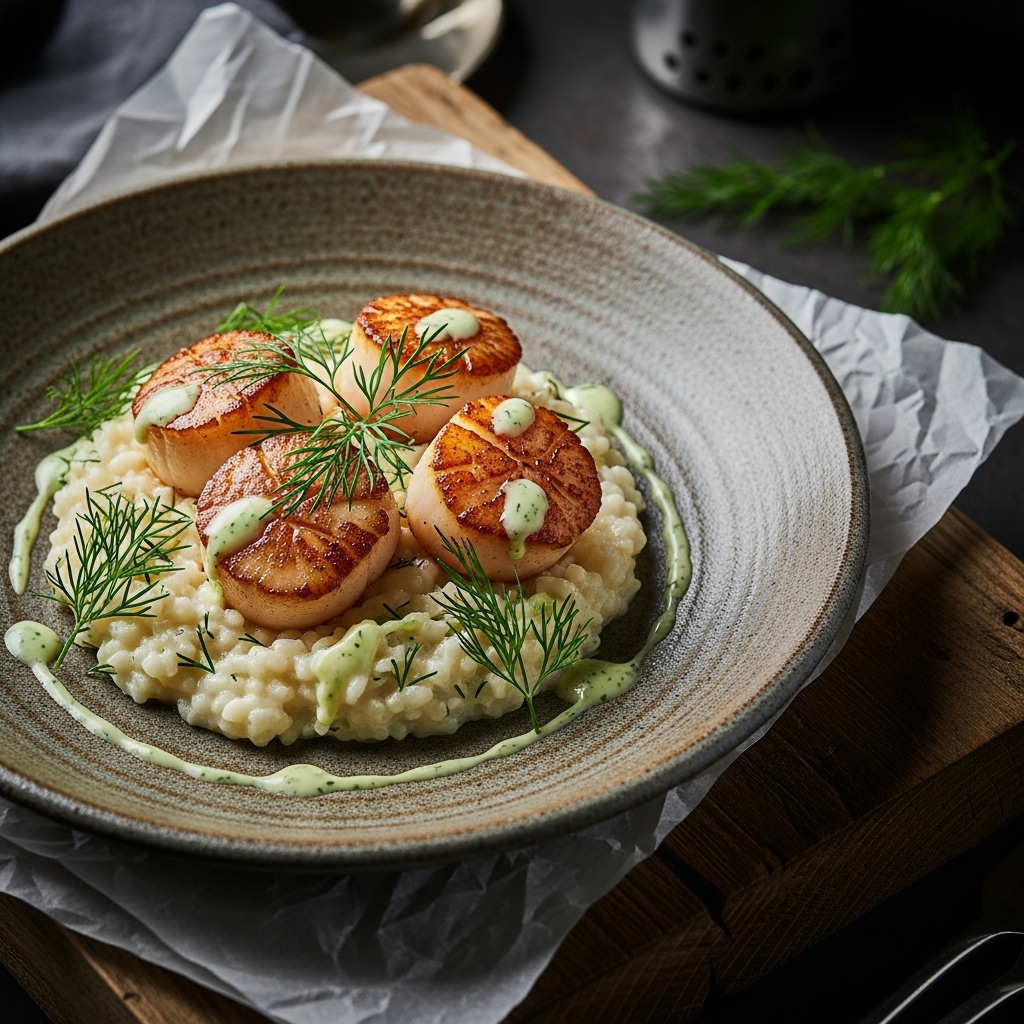 “Keto Nordic Seafood Delight: Scallop & Cauliflower Risotto with Dill Cream Sauce”