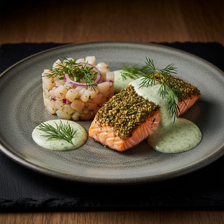 Keto Nordic Seafood Symphony: Scallop Tartare, Herb-Crusted Salmon & Creamy Dill Sauce