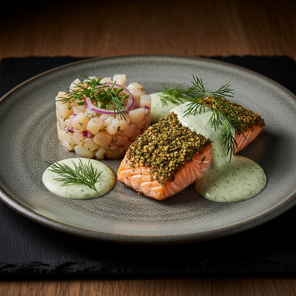 Keto Nordic Seafood Symphony: Scallop Tartare, Herb-Crusted Salmon & Creamy Dill Sauce
