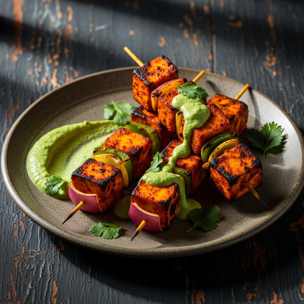 Keto Paneer Tikka Skewers with Cilantro-Mint Chutney