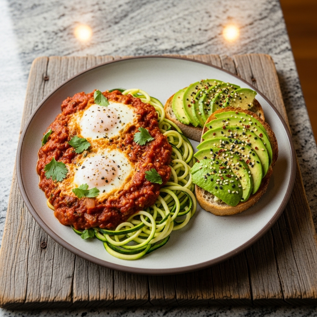 Keto Persian Brunch Delight: Herbed Shakshuka with Zucchini Noodles & Avocado Toast
