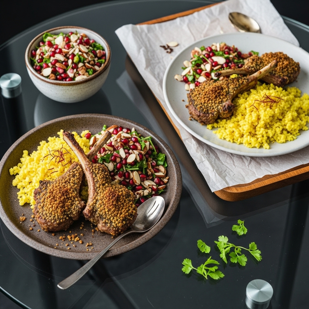 “Keto Persian Feast: Herb-Crusted Lamb Chops with Saffron Cauliflower Rice and Almond Pomegranate Salad”
