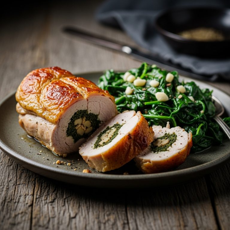 “Keto Persian Herbed Stuffed Chicken Breast with Creamy Garlic Spinach Side Dish”