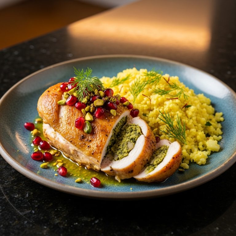 Keto Persian-Style Herb Stuffed Chicken Breast with Saffron Cauliflower Rice