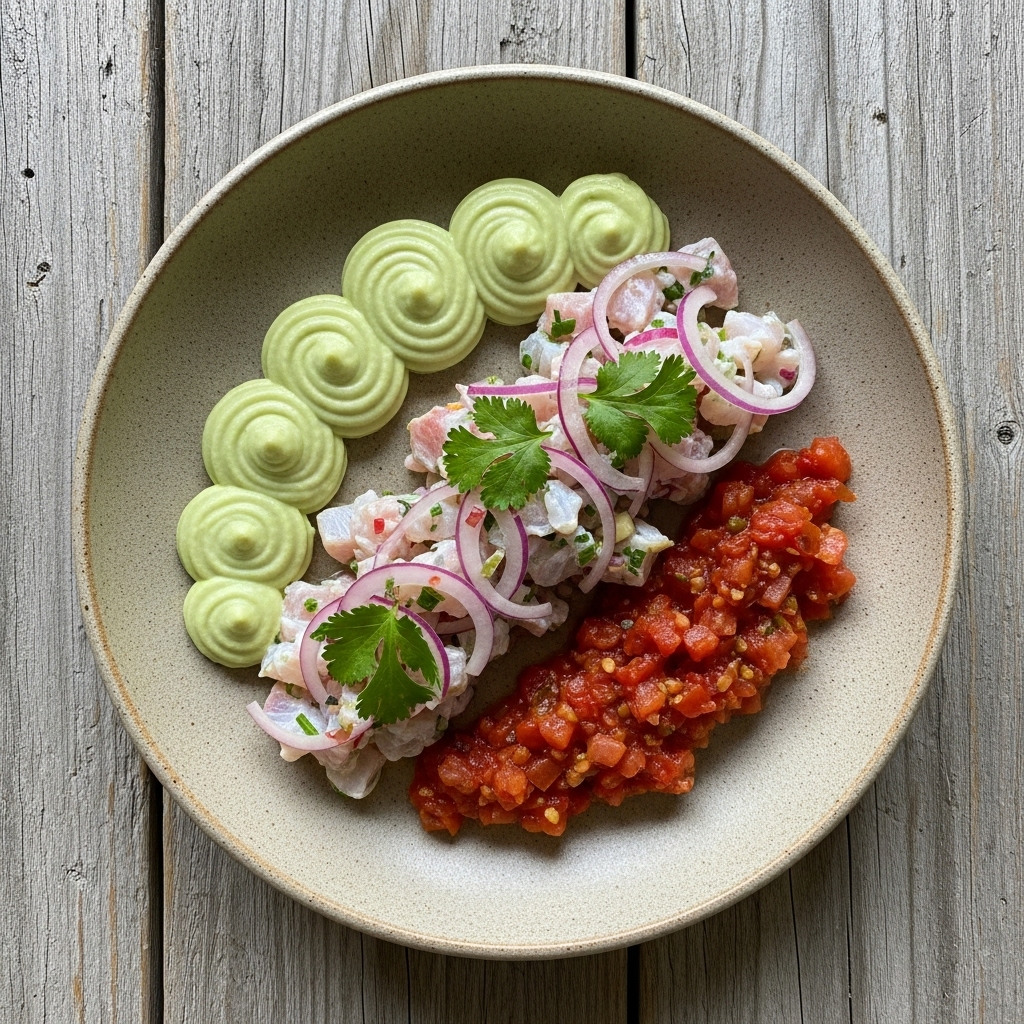 Keto Peruvian Ceviche Brunch with Avocado Mousse and Roasted Tomato Salsa