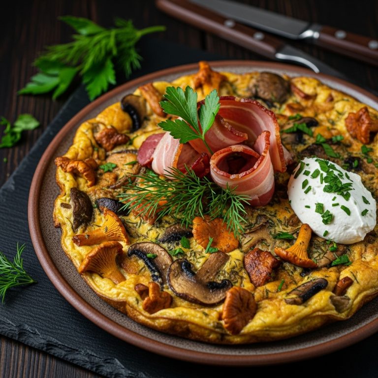 “Keto Polish Brunch: Aromatic Wild Mushroom Frittata with Crispy Bacon and Garlic-Herb Cream”