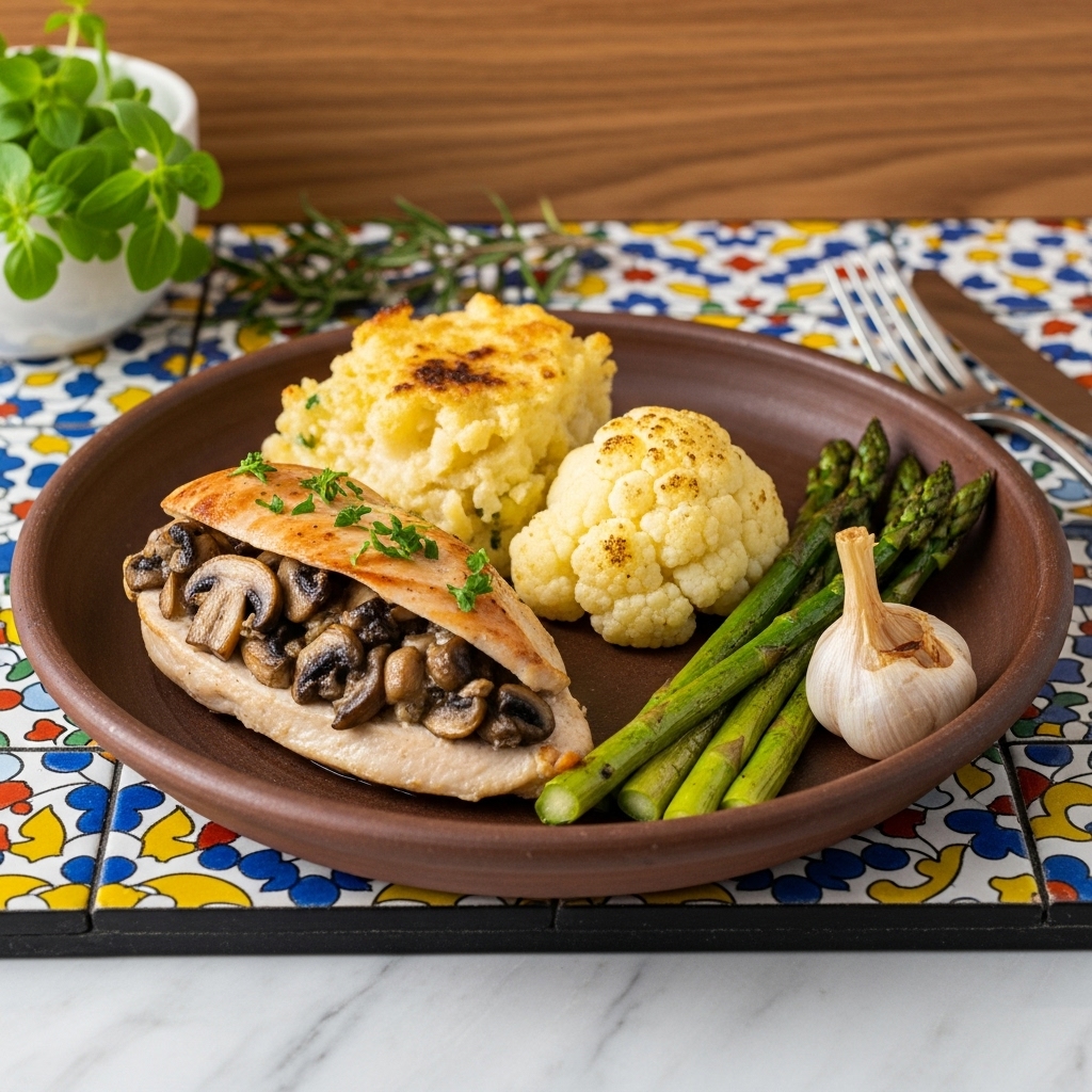 Keto Polish Dinner: Mushroom Stuffed Chicken Breast with Cauliflower Gratin and Garlic Roasted Asparagus
