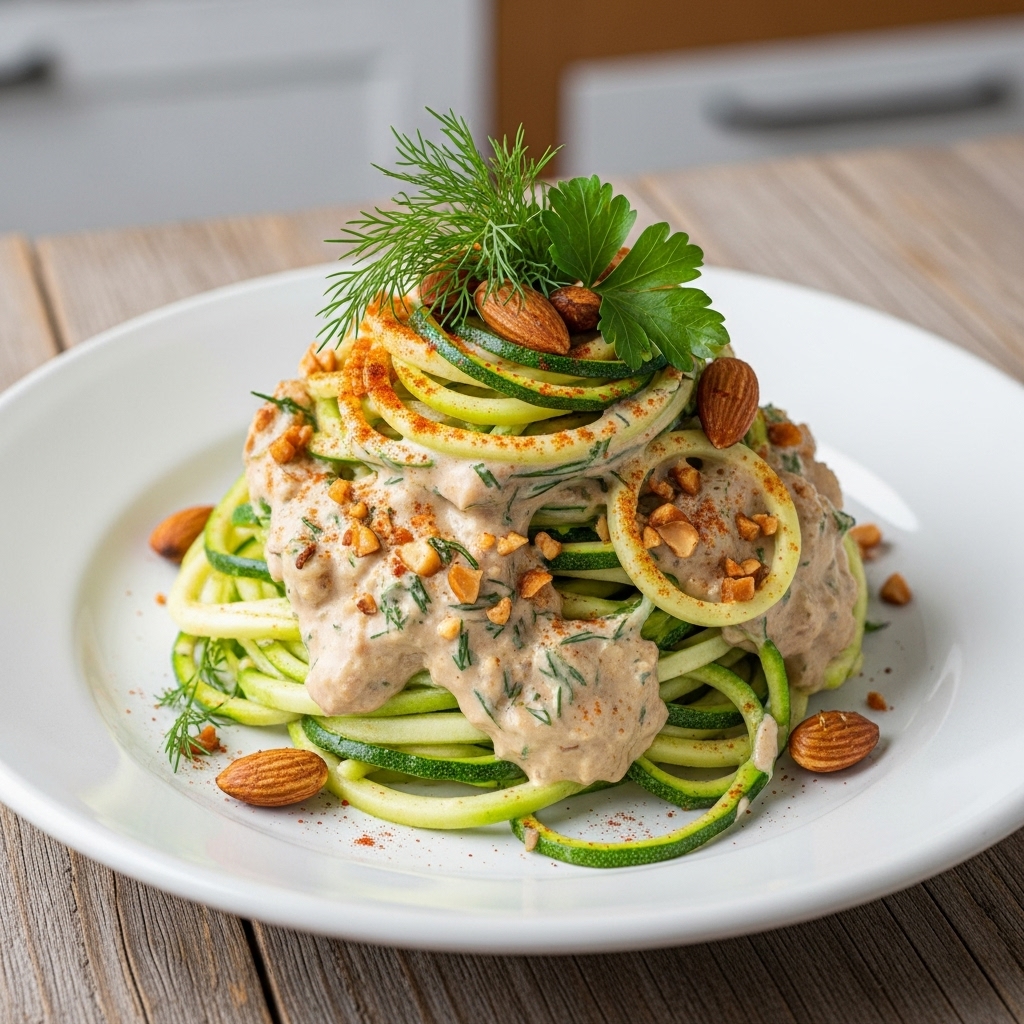 Keto Polish Zucchini Noodles with Creamy Garlic Sauce & Herb-Roasted Almonds