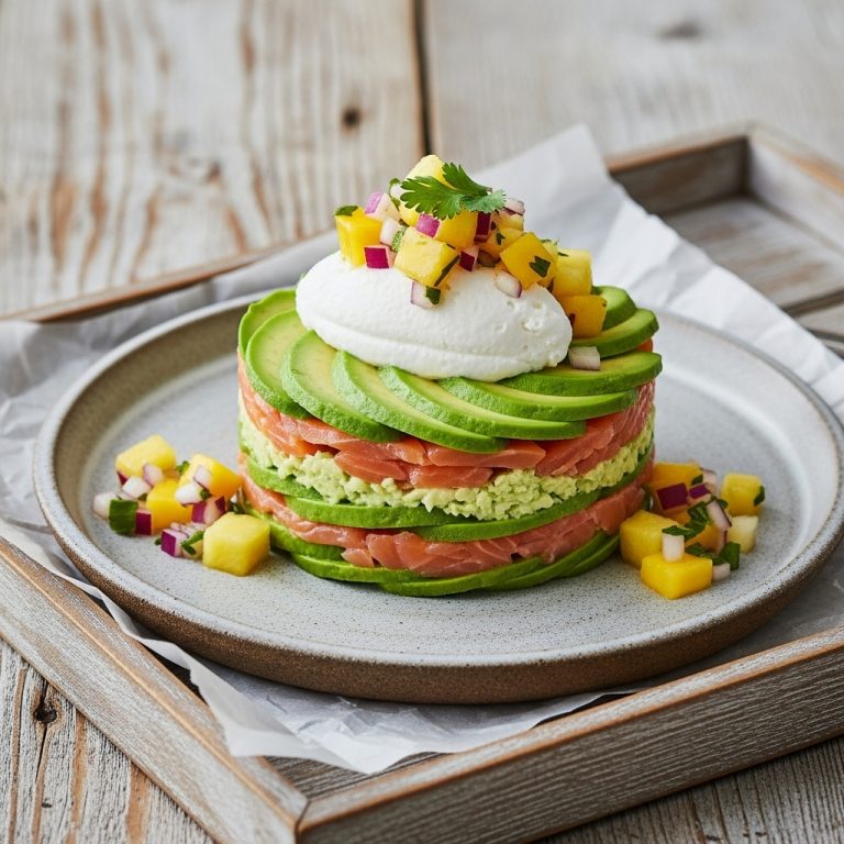 Keto Polynesian Brunch: Island-Inspired Avocado & Smoked Salmon Tower with Coconut Mousse & Tropical Salsa