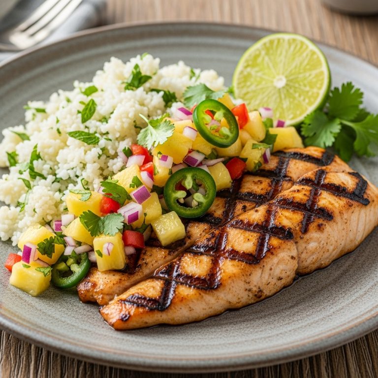 Keto Polynesian Grilled Fish with Coconut Lime Rice & Fresh Pineapple Salsa