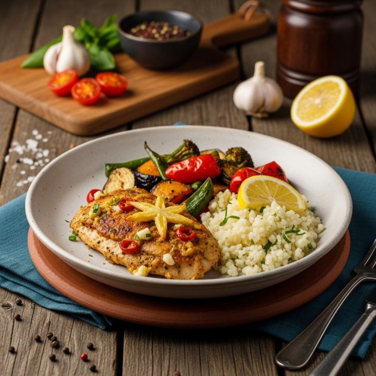 Keto Portuguese Lunch: Chicken Estrela de Marisco with Roasted Vegetables & Lemon-Garlic Cauliflower Rice