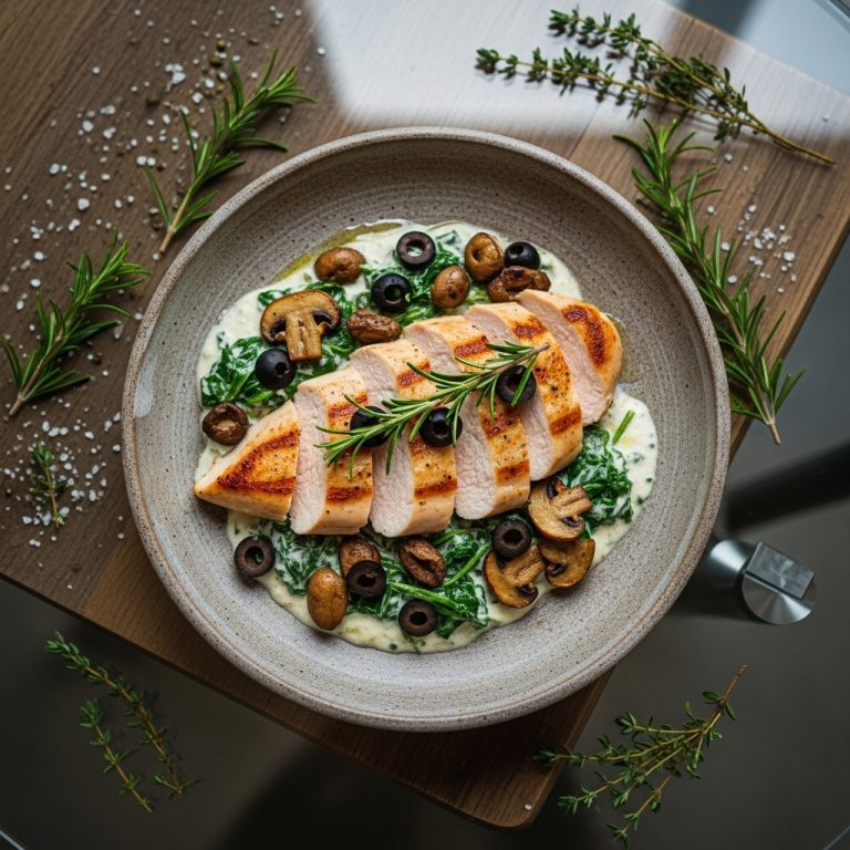 Keto Portuguese Lunch: Grilled Chicken with Mushrooms, Olives and Creamy Spinach Sauce