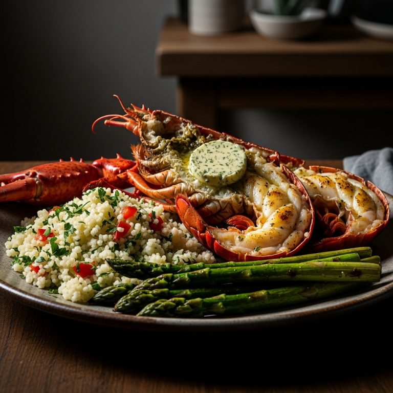 Keto Portuguese Seafood Feast: Grilled Lobster with Cauliflower Rice and Roasted Asparagus