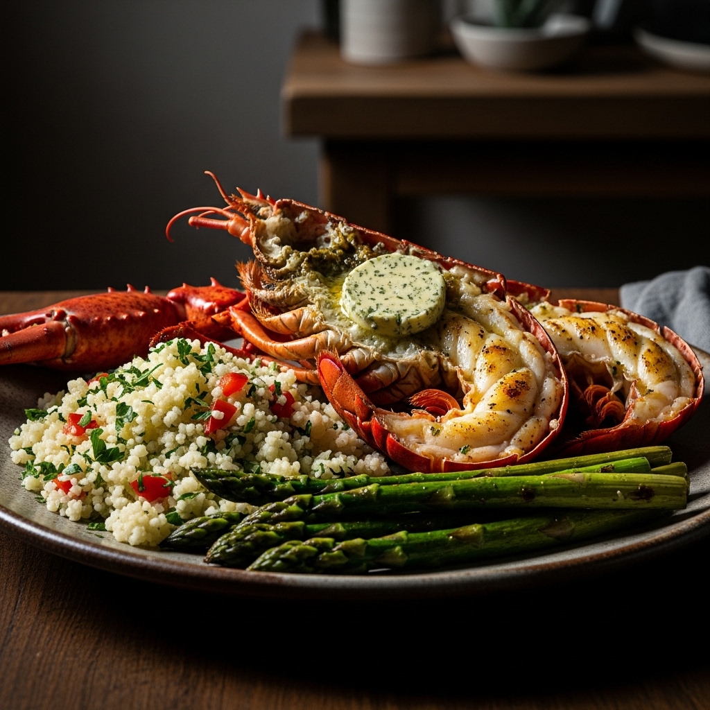 Keto Portuguese Seafood Feast: Grilled Lobster with Cauliflower Rice and Roasted Asparagus
