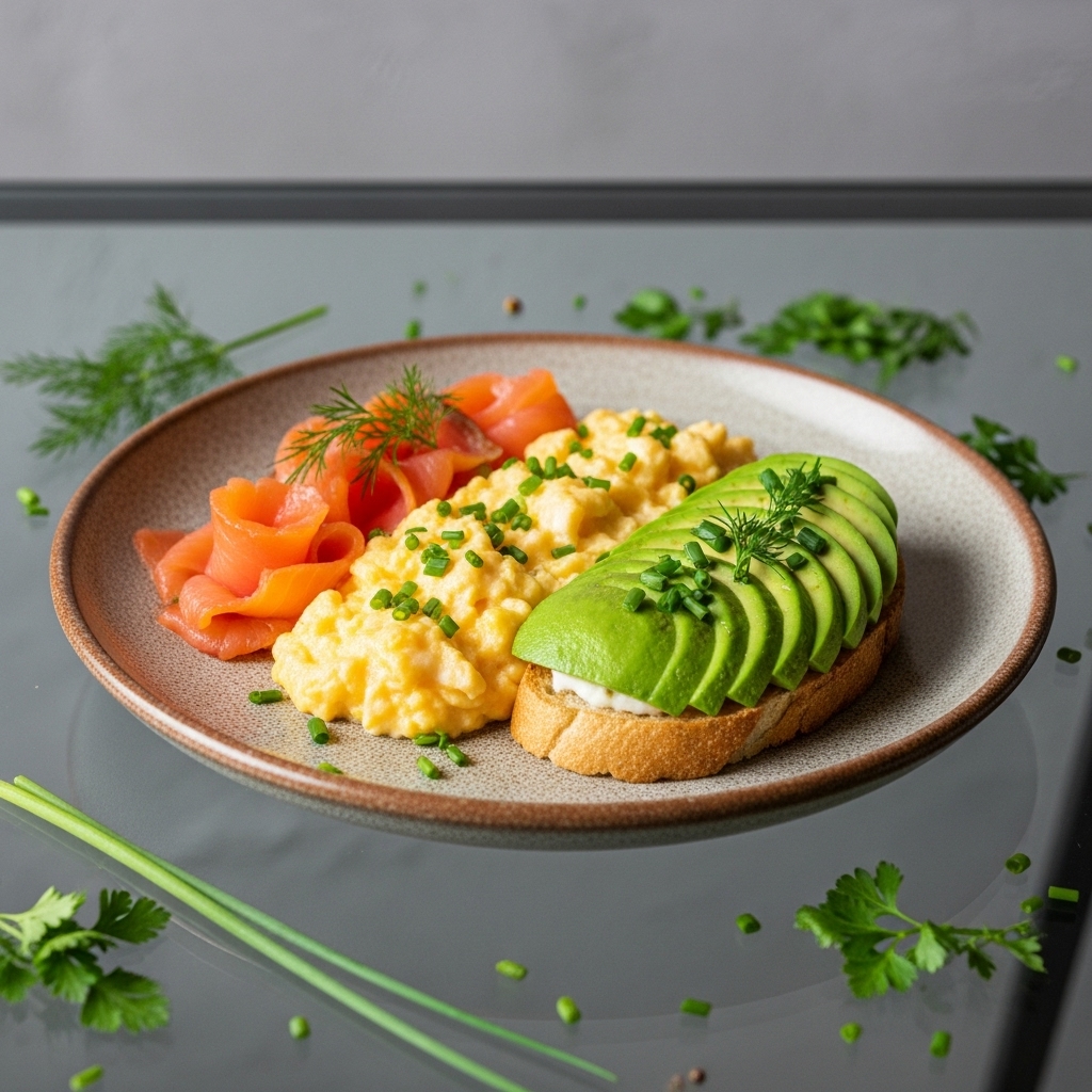 Keto Russian Breakfast: Smoked Salmon, Creamy Scrambled Eggs & Avocado Toast