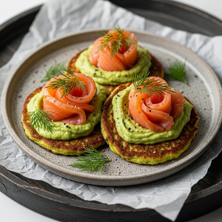 Keto Russian Brunch: Smoked Salmon & Creamy Avocado Dill Sauce on Crispy Zucchini Pancakes