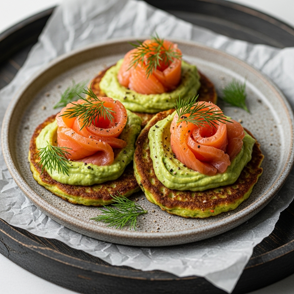 Keto Russian Brunch: Smoked Salmon & Creamy Avocado Dill Sauce on Crispy Zucchini Pancakes