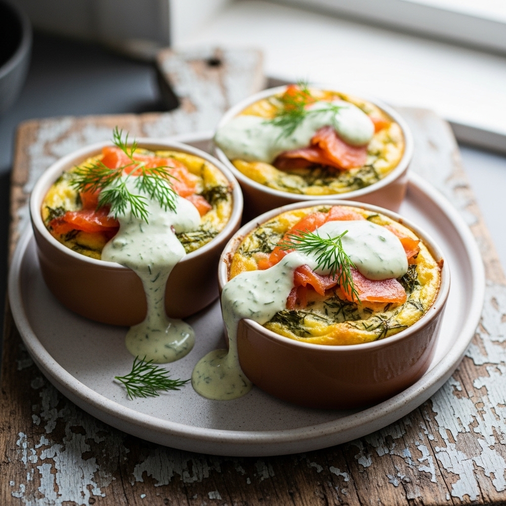 Keto Russian Brunch: Smoked Salmon Egg Bakes with Dill Cream Sauce