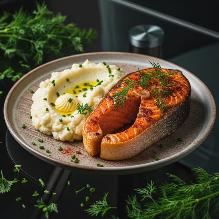 “Keto Russian Lunch: Smoky Dill Salmon Steak and Creamy Cauliflower Mash”
