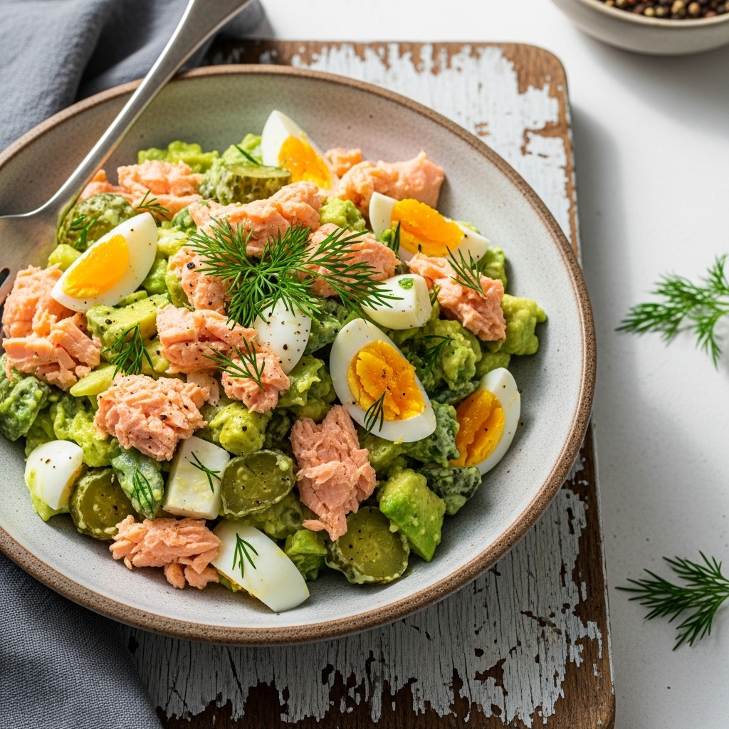 Keto Russian Salmon Salad Bowl with Creamy Avocado Dressing