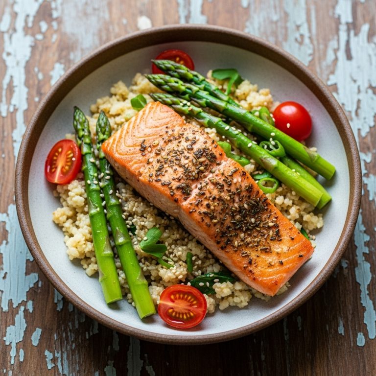 Keto Seared Salmon with Miso-Garlic Cauliflower Rice Bowl – A Delightful Cinematic Dining Experience