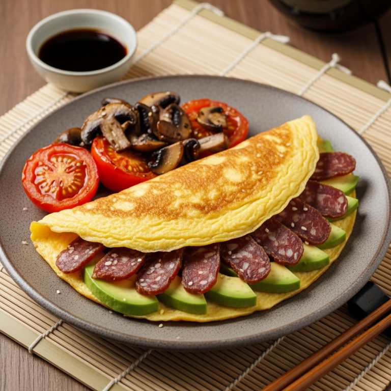 Keto South African Biltong & Avocado Stuffed Omelette with Roasted Tomatoes and Mushrooms