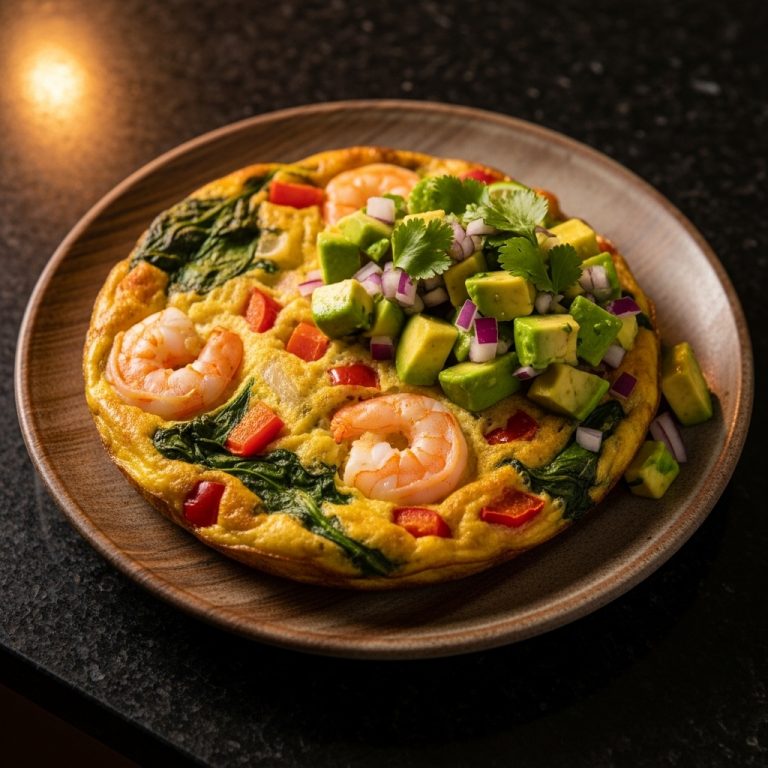 Keto Spanish Brunch: Mediterranean Shrimp Frittata with Avocado Salsa